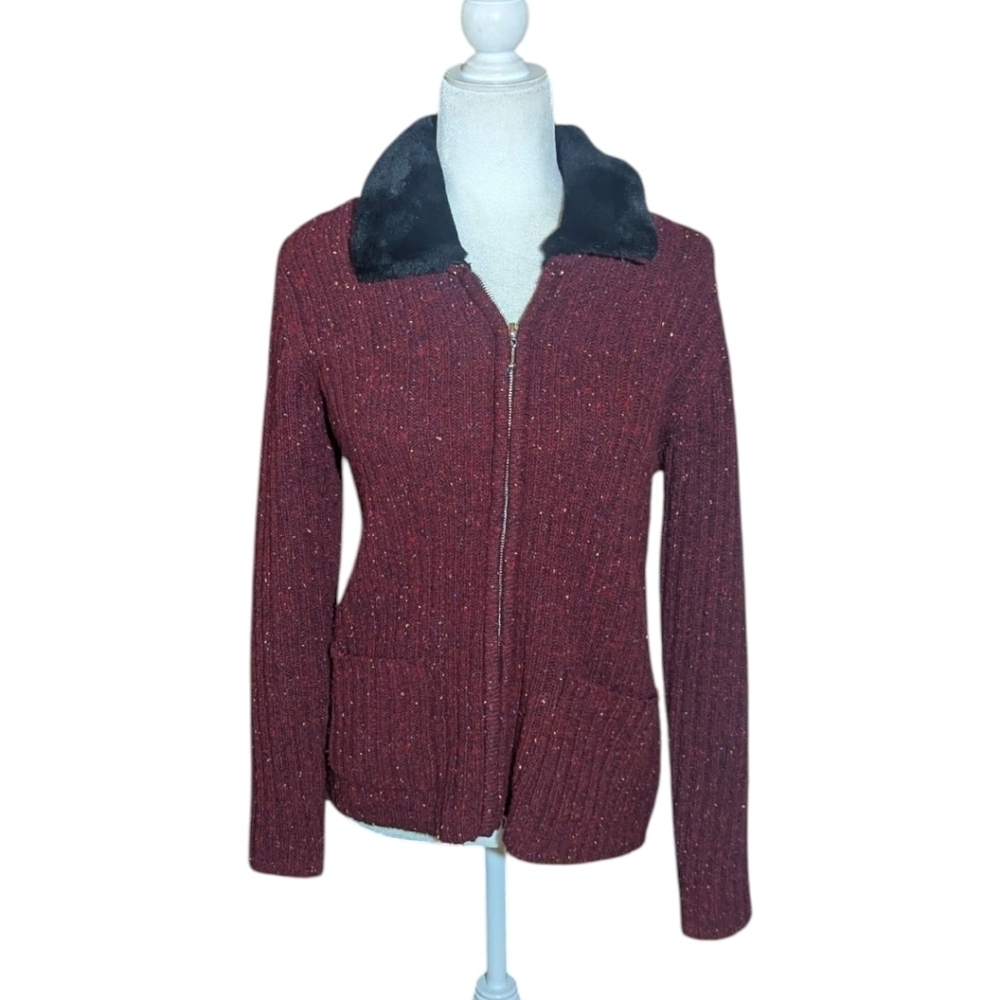 Vtg Burgundy Marled Ribbed Zip-Up Sweater Wool Blend Black Faux Fur Collar Sz S - Picture 4 of 8